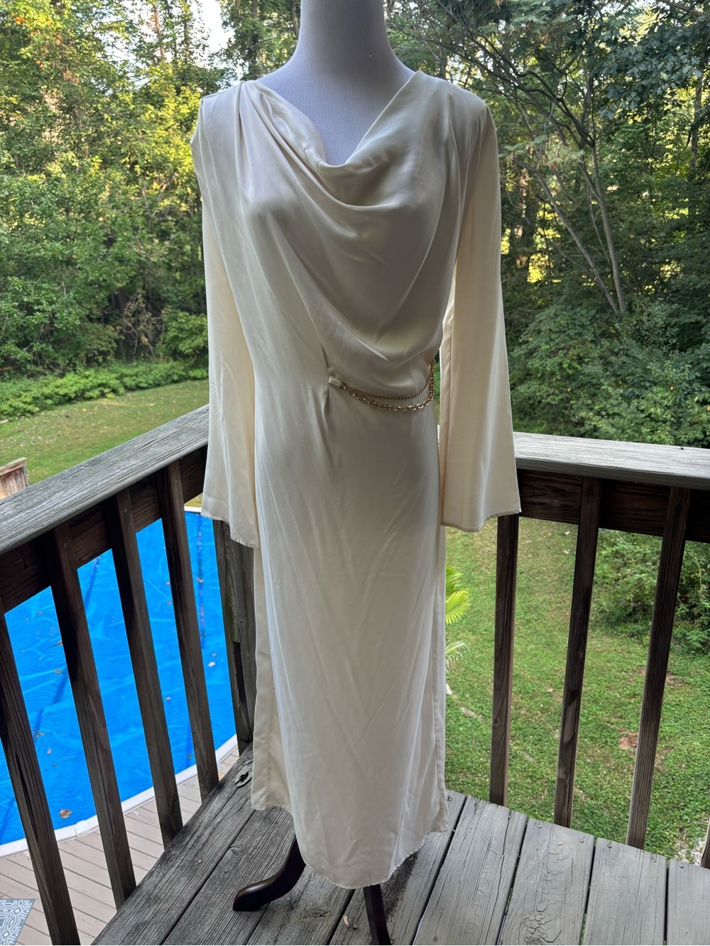 Zara Cream Draped Cowl Neck Long Sleeve Maxi Dress with Chain Detail